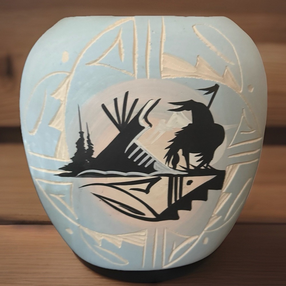 Neville Navajo Artist Signed Pillow Vase Painted & Carved Native‎ Design 6.25"